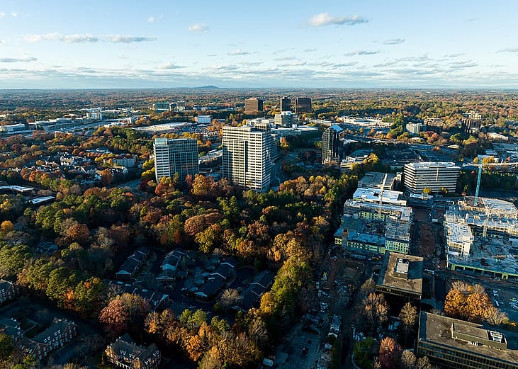 Aerial view of commercial buildings and new developments in Atlanta, Georgia.
