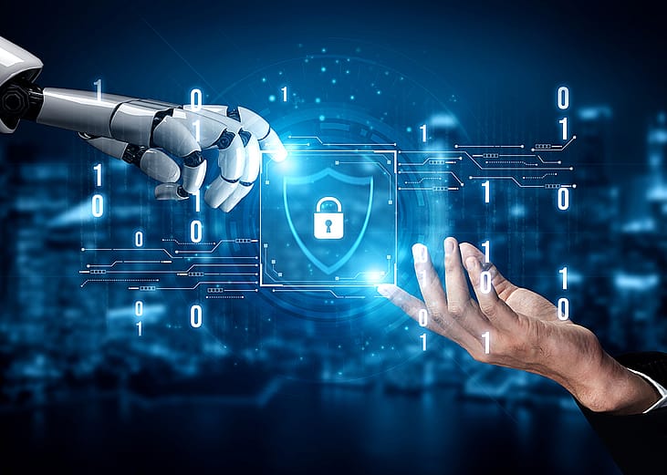 A 3D rendering graphics of a robot arm and human arm both reaching for a cybersecurity icon.