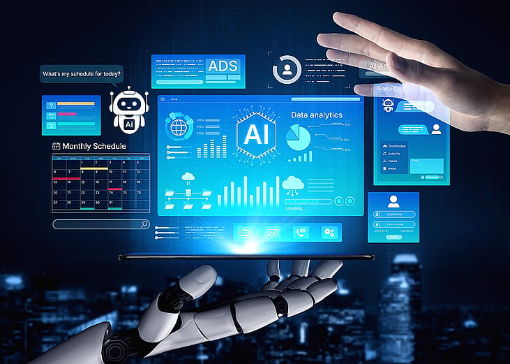 A robotic hand and human hand engage with AI unifying analytics and dashboard graphics.