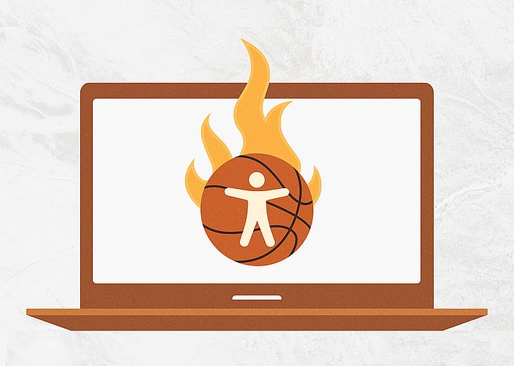 A custom illustration of a laptop featuring a basketball graphic as a concept of March Madness accessibility in the web.