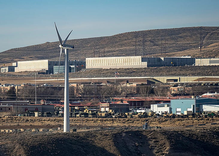 NSA data facility in Bluffdale on Wednesday, Feb 4, 2026. A wind turbine is in front.