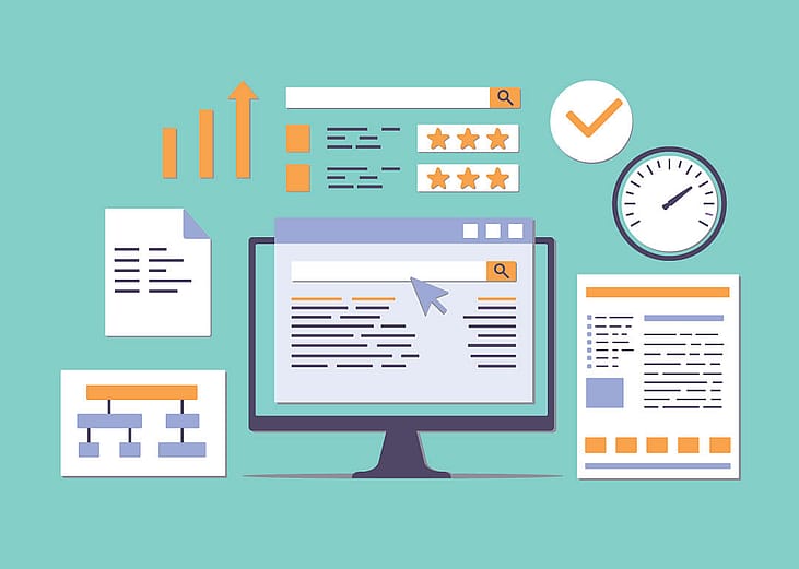 A vector illustration of web and search engine ranking concept graphics.
