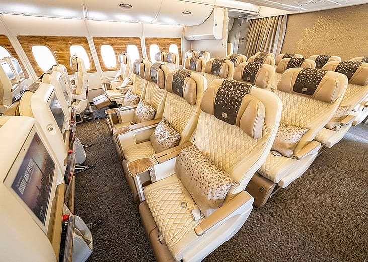 Premium Economy class seats of Emirates Airlines' Airbus A380.