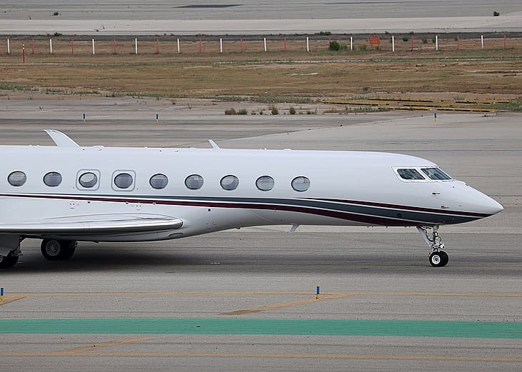 The Qatar Amiri Flight Gulfstream G700 on a runway in Barcelona-El Prat Airport in Spain.
