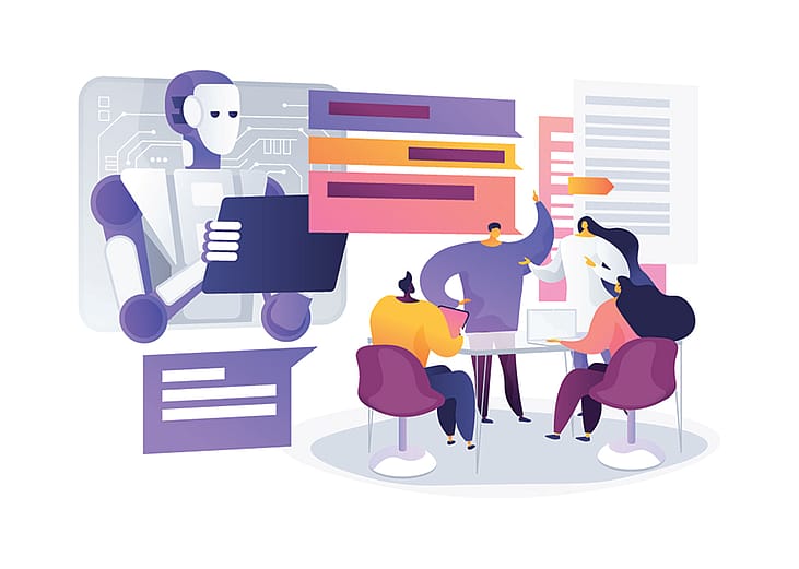 An abstract concept vector illustration of automated meetings using transcription bots.