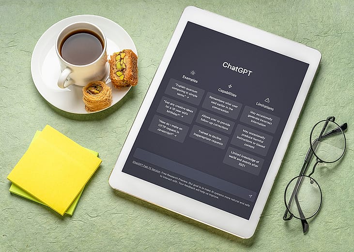 Webpage of ChatGPT on a tablet beside a cup of coffee and sticky notes.