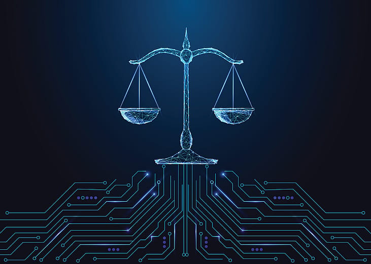 A glowing polygonal balance scale on a futuristic dark blue background as a concept of AI and legal technology.