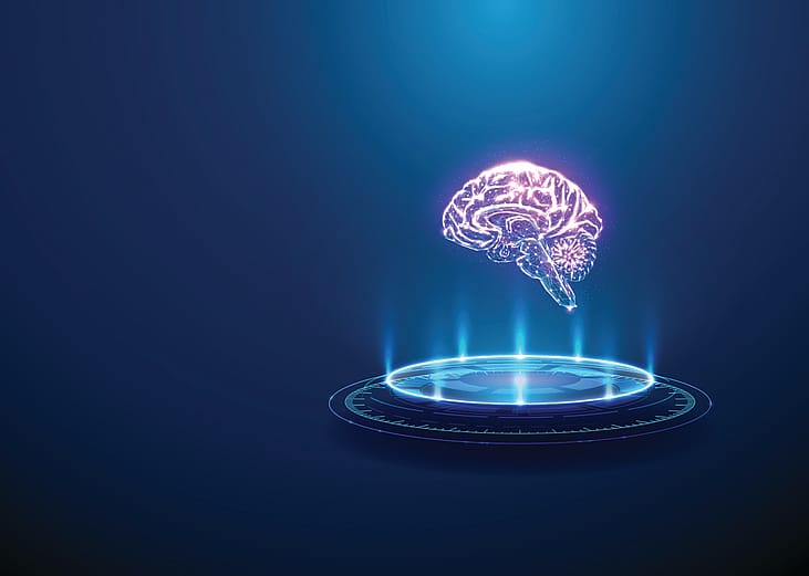 A 3D graphic image of a human brain with neon light beams in a podium.