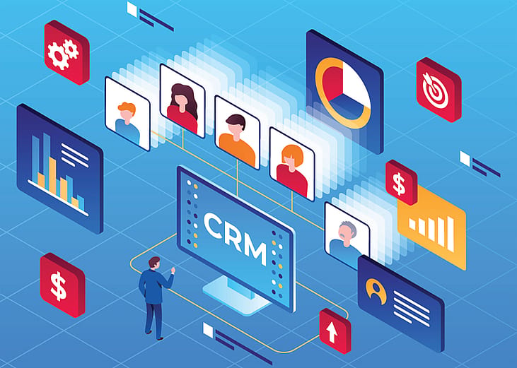 A vector illustration showing strategy icons of CRM (Customer Relationship Management).