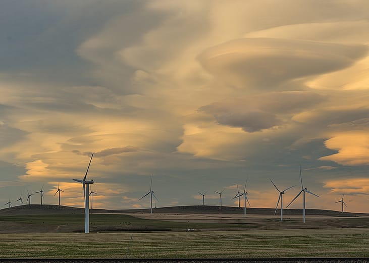 Wind turbines along the Crowsnest Highway near Pincher Creek, Alberta, Canada.
