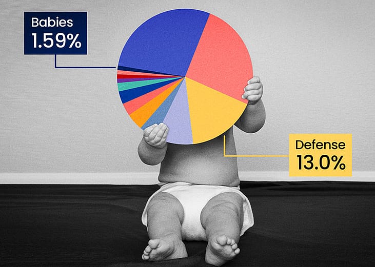 A baby holding an image of a pie chart with categories in different colors.
