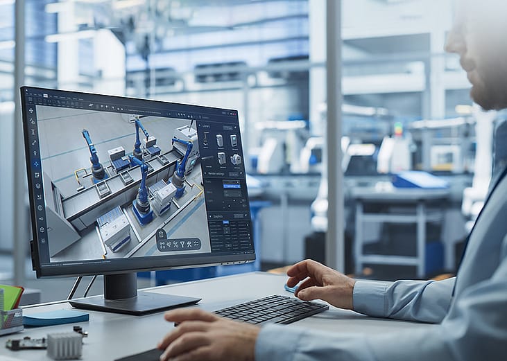 A factory engineer works with an advanced 3D CAD software to model robotic assembly line.