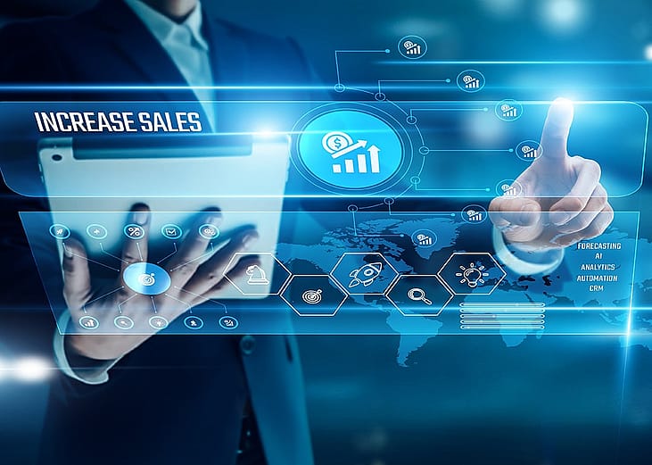 Businessman analyzing global networks sales growth.