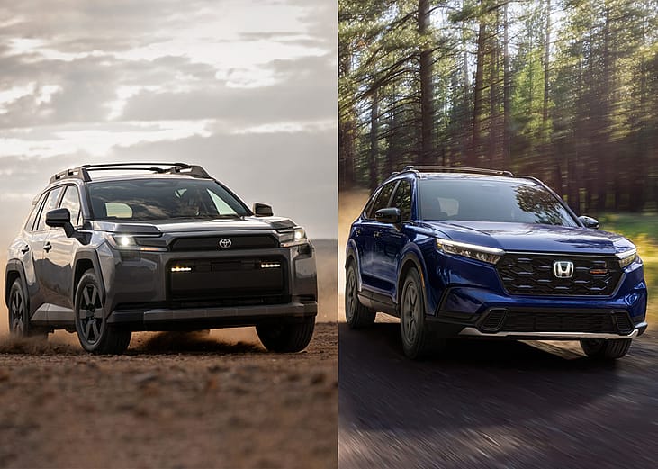 A side-by-side photo of a Honda CR-V and a Toyota RAV4.