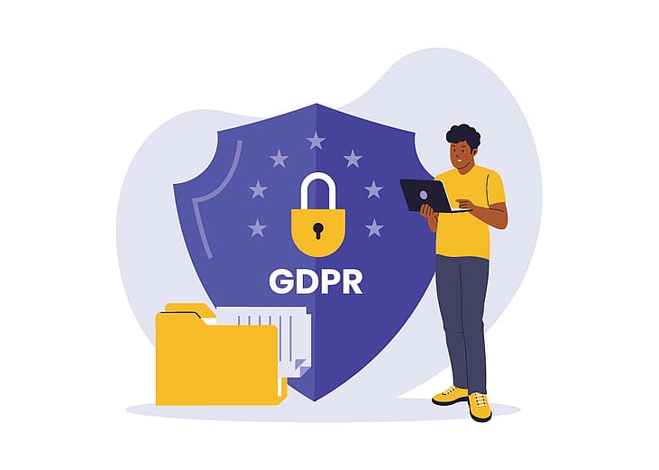 Vector illustration of an employee with GDPR data protection graphics.