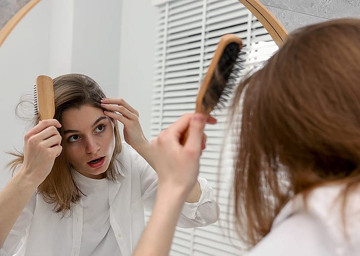 A person checking her hair while facing a mirror in a bathroom.