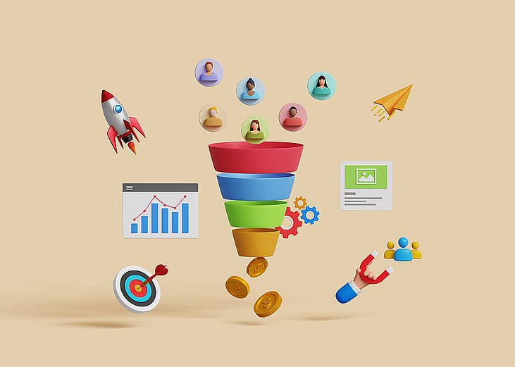 3D concept illustration of converting audience into sales.