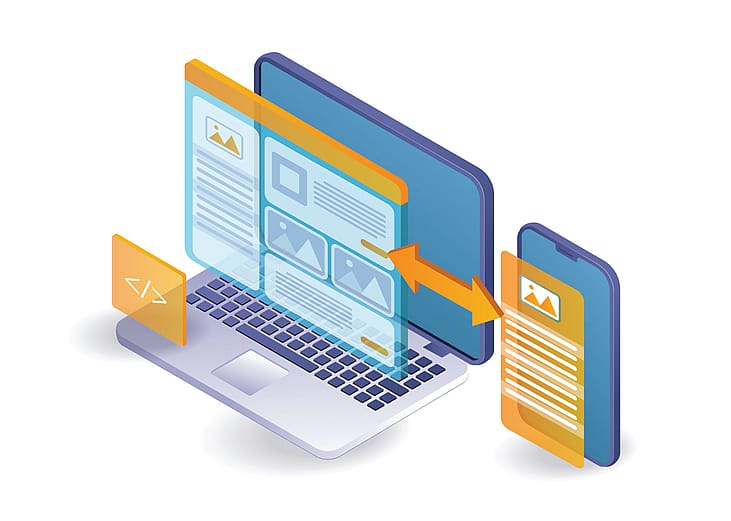 A vector illustration of a responsive web design and blogger articles from a laptop.