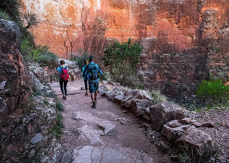A group of hikers on the walkway at the Grand Canyon National Park.