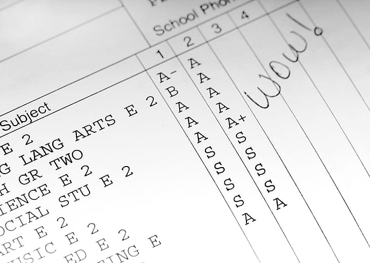 A school report card showing straight A's.