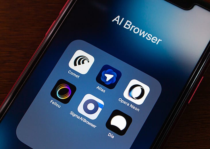 Different AI browsers displayed from a smartphone. 