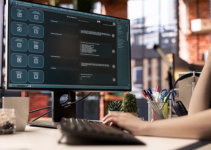 An employee using an online AI assistant application for automated tasks.