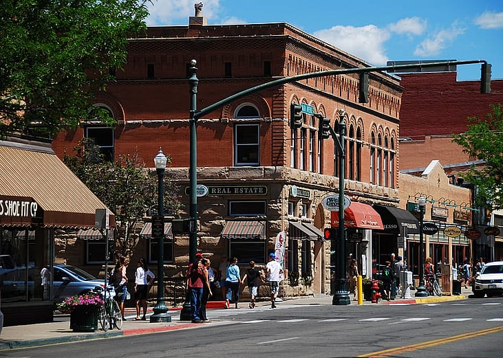 A view of Main Avenue in Durango, featuring the oldest bank building in Colorado.
