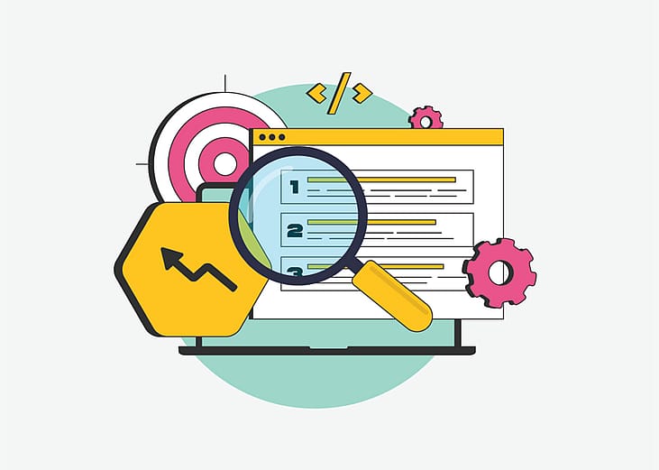A vector illustration of a search engine optimization concept and digital search icons.