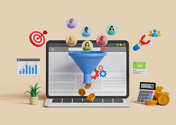 A 3D custom illustration of marketing and funnel graphics as a concept of lead generation.