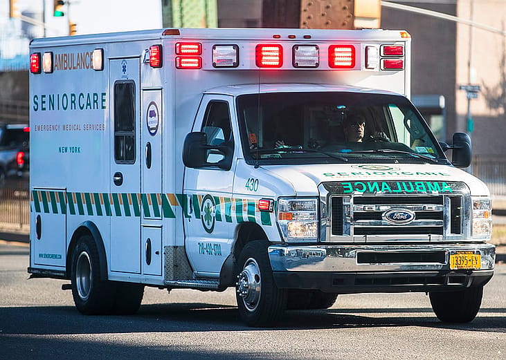 A senior care ambulance from a road in New York City, USA.