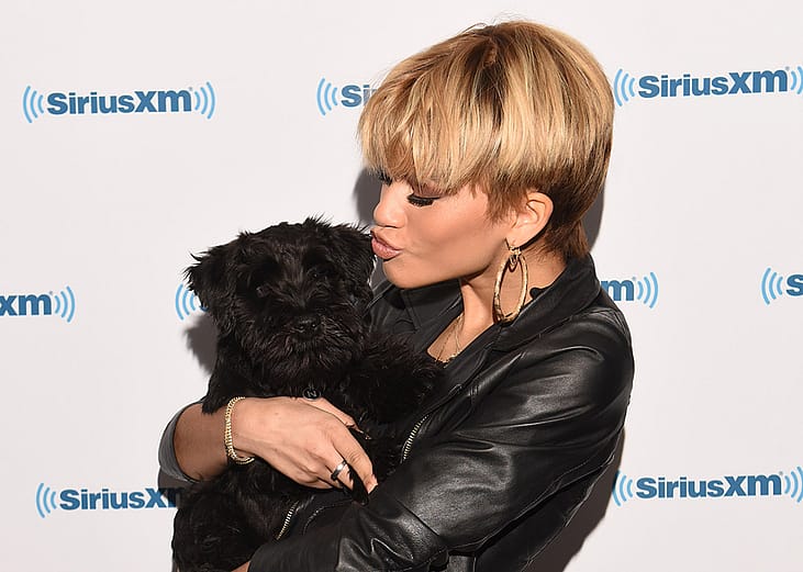 Zendaya with her dog at SiriusXM's morning broadcast show.