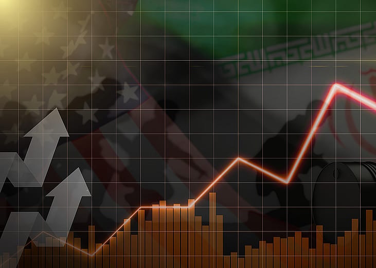 A custom collage showing graphics depicting the US and Iran energy and oil crisis stocks.