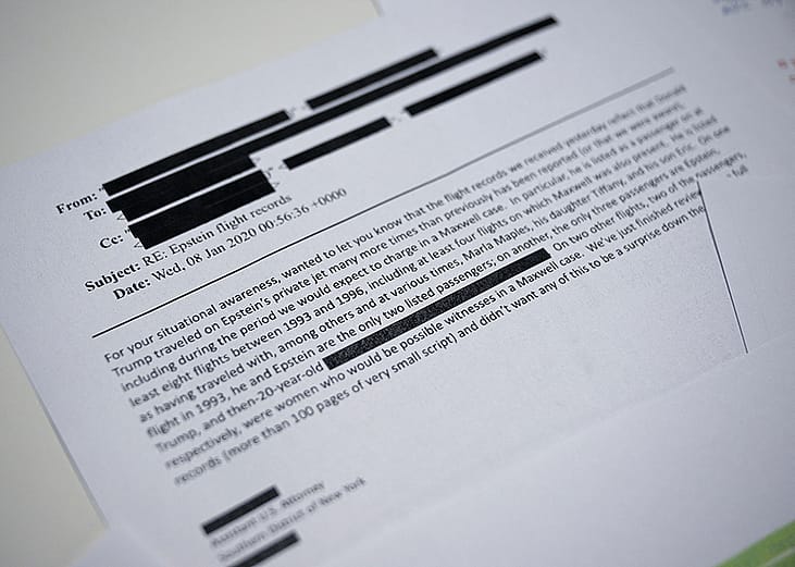An email document as part of a new batch of files released by the US government related to Jeffrey Epstein containing numerous references to Donald Trump, including documents detailing flights he took on his then close friend's private jet. 