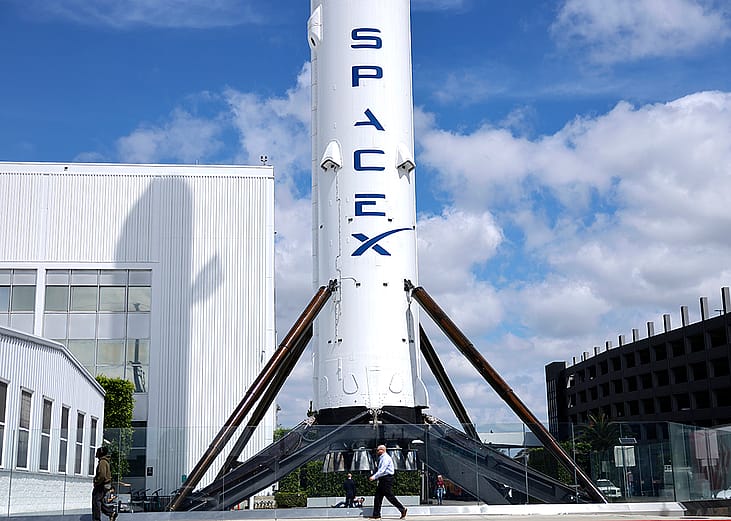 A SpaceX Falcon 9 rocket is displayed at a SpaceX facility on April 2, 2026 in Hawthorne, California. 