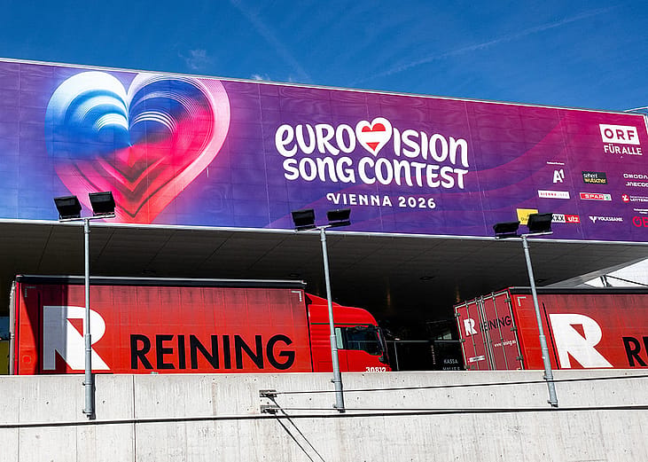 Trucks are parked outside Stadthalle for the Eurovision Song Contest in Vienna, Austria.