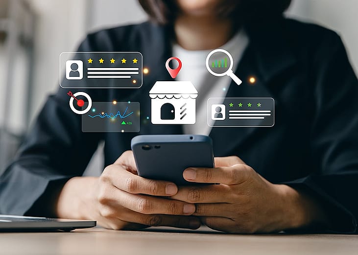 Businesswoman using a phone and illustrated with local SEO insight graphics. 