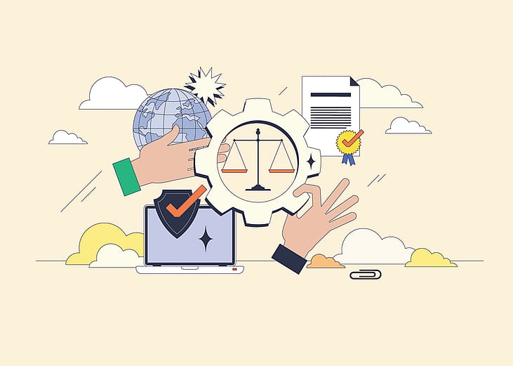 AI governance illustrated by hands interacting with a globe, laptop, and justice scale, symbolizing regulation and oversight