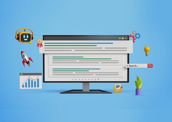 Custom 3D illustration of the concept of SEO optimization for search results.