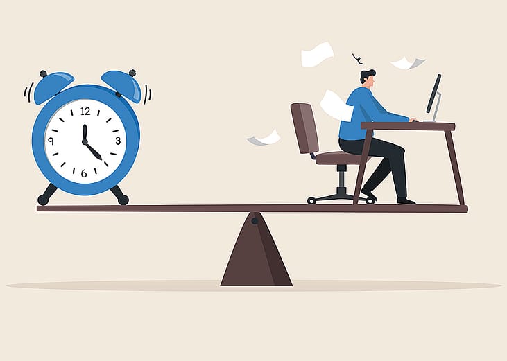 A vector illustration of a businessman working and a clock on a seesaw balance, as a concept of balancing flexible hours.
