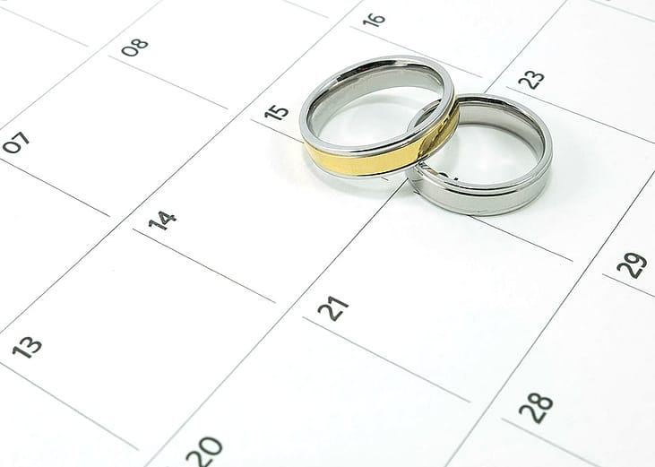 A couple's wedding rings on top of a calendar.