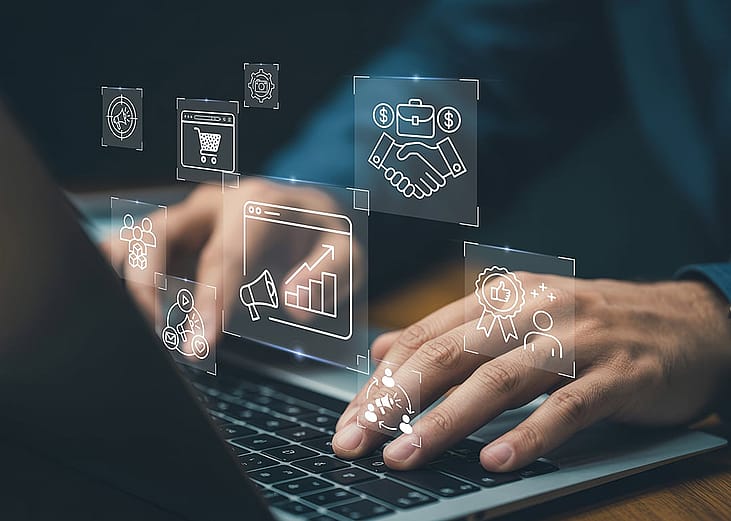 Businessman navigating a system illustrated with virtual marketing automation graphics.
