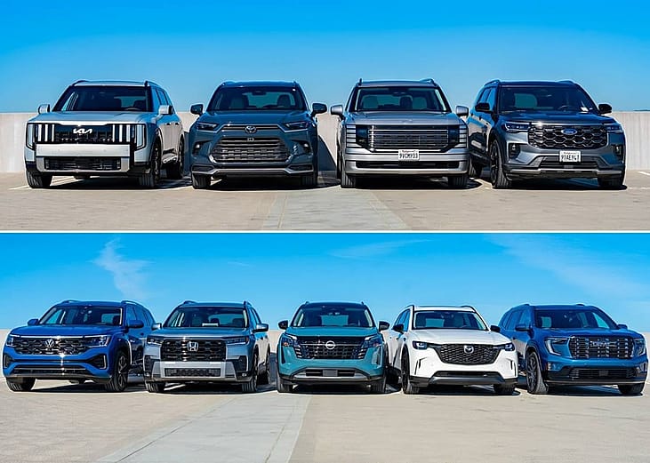 Collage of 9 midsize 3-row SUVs as compared by Edmunds.