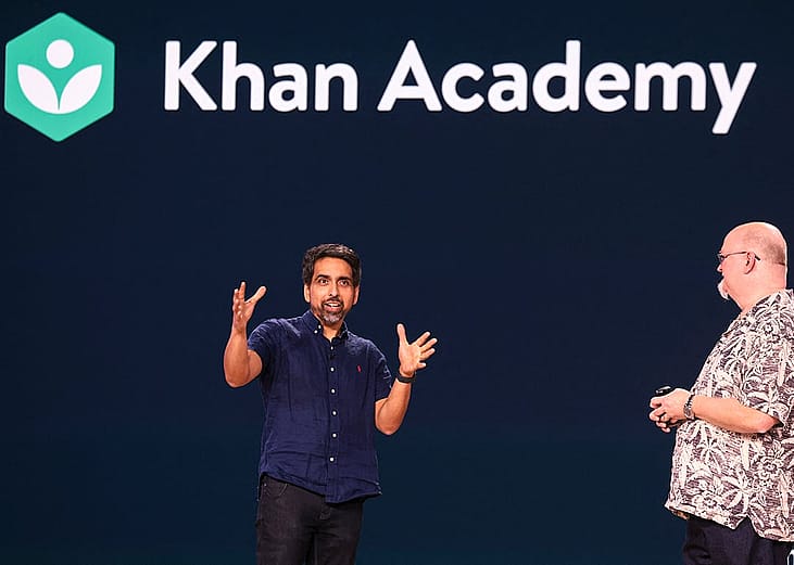 Khan Academy CEO Sal Khan (left) and Microsoft Chief Technology Officer and Executive Vice President of Artificial Intelligence Kevin Scott (right) presenting at the Microsoft Briefing event in Seattle, Washington, USA.