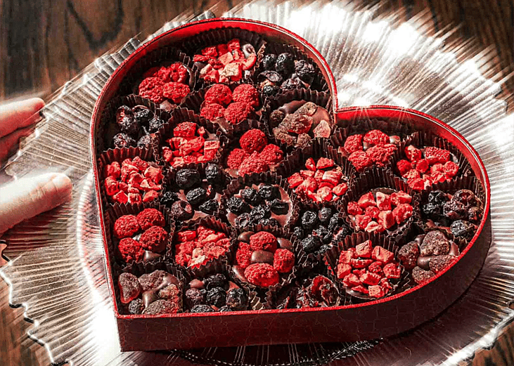 Artisan chocolates in a heart box set.