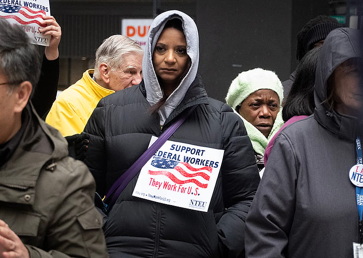 Federal employees rallying for their jobs outside of Kluczynski Federal Building in Chicago, Illinois, USA.