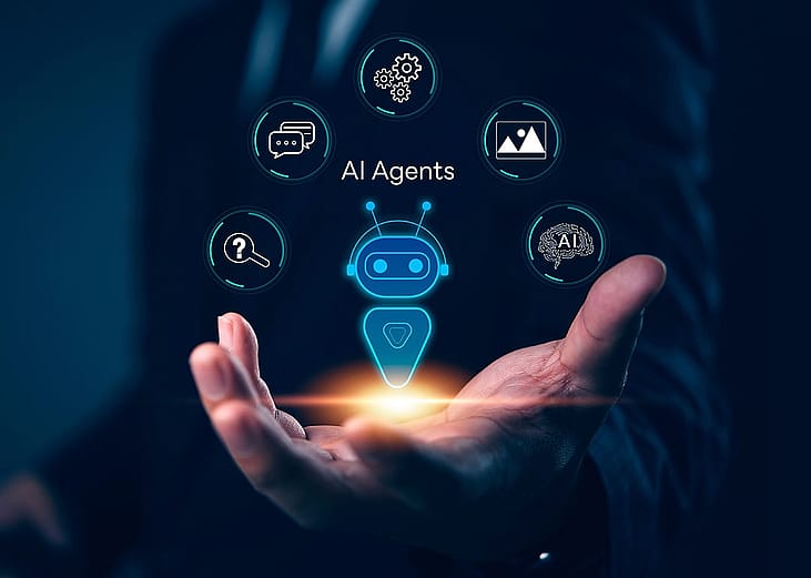 A businessman signaling to hold a virtual AI agent holographic interface.
