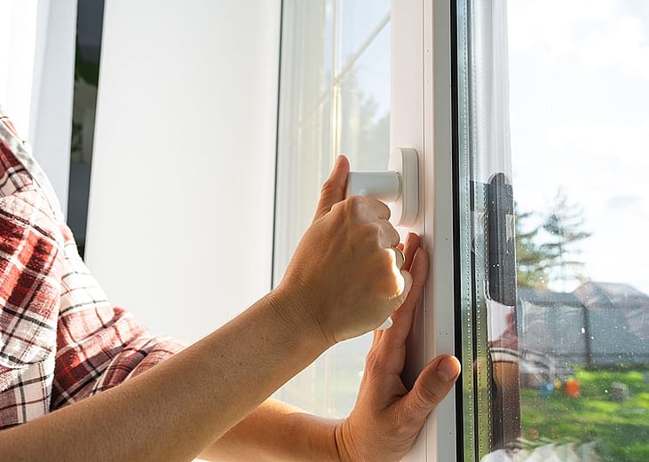 A person opening a glass home window in the morning.