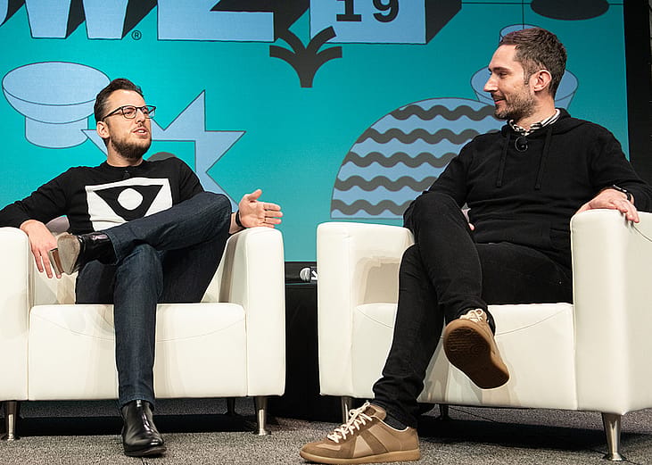 Instagram co-founders Mike Krieger (L) and Kevin Systrom (R) being on stage during the 2019 SXSW Conference and Festival in Austin, Texas, USA.