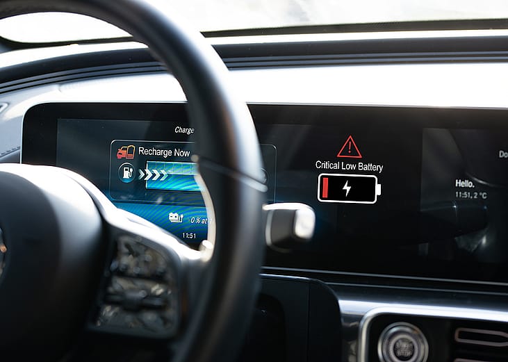 An electric vehicle's dashboard displaying a low battery alert.