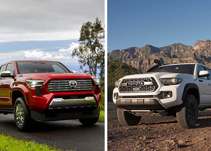 Composite photo featuring front view of two trucks, with a red 2026 Toyota Tacoma on the left (4th generation) and a white 2019 Toyota Tacoma on the right (3rd generation).